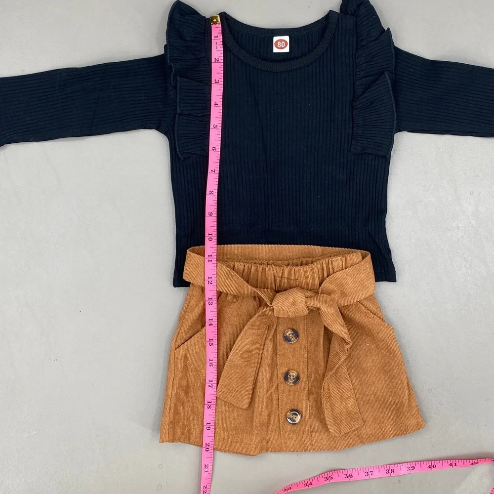Black Ruffle Long Sleeve Top and Tan Corduroy Button Skirt Set Size 2 NEW